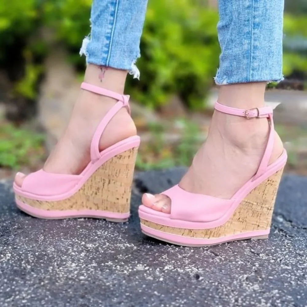 Women Platform Wedge Sandals Ankle Strap Pink Color - Picture 2 of 5